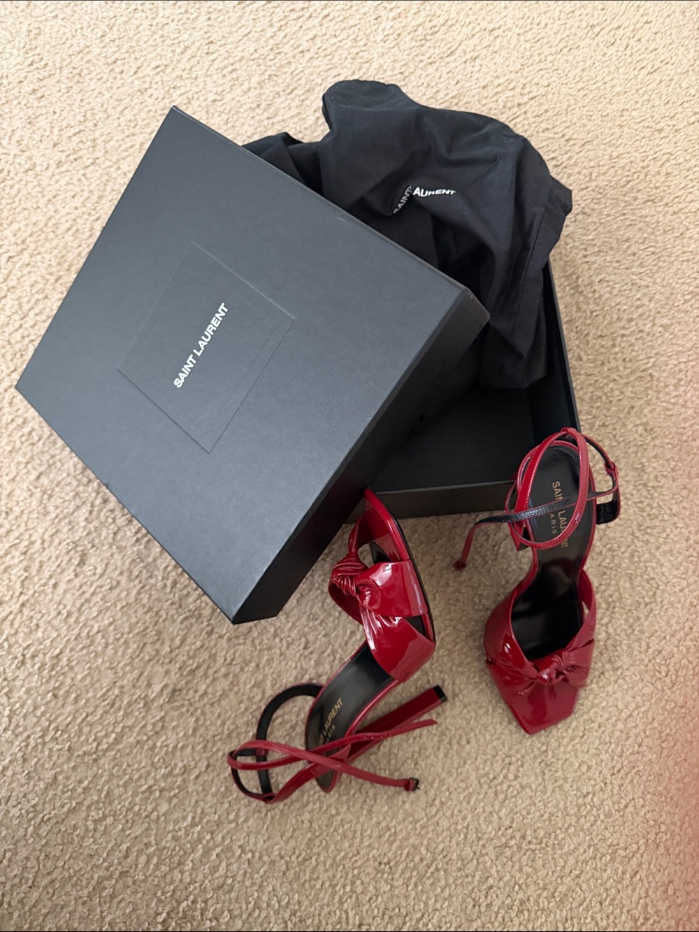 Saint Laurent Red Patent Leather Ankle-Tie Heels with Knot Detail